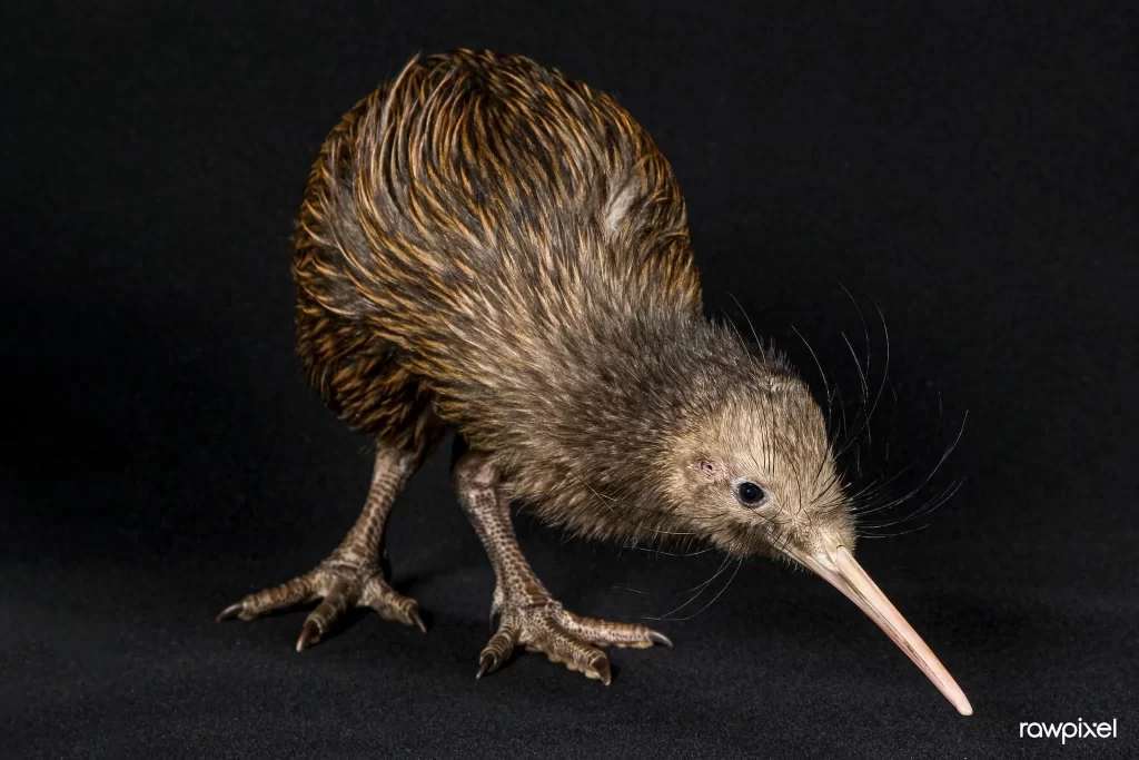 A North Island Brown Kiwi poses for a photo against a dark background.