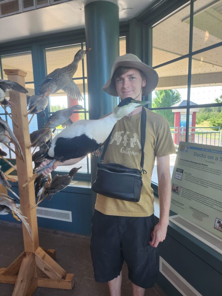 A photo of me (Connor) holding a stuffed male Common Eider on a stick.